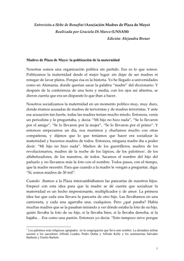 Entrevista a Hebe De Bonafini (Asociación Madres De Plaza De Mayo) Realizada Por Graciela Di Marco (UNSAM) Edición: Alejandra Brener