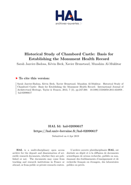 Historical Study of Chambord Castle: Basis for Establishing the Monument Health Record Sarah Janvier-Badosa, Kévin Beck, Xavier Brunetaud, Muzahim Al-Mukhtar