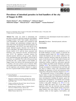 Prevalence of Intestinal Parasites in Food Handlers of the City of Saqqez in 2016