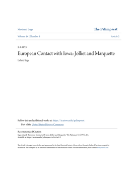 European Contact with Iowa: Jolliet and Marquette Leland Sage