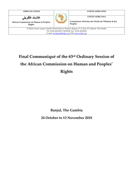 Final Communiqué of the 63Rd Ordinary Session of the African Commission on Human and Peoples’ Rights
