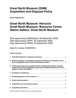 Great North Museum (GNM) Acquisition and Disposal Policy Encompassing