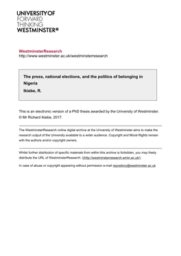Westminsterresearch the Press, National Elections, and the Politics