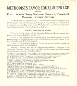 METHODISTS FAVOR EQUAL SUFFR~~E Church Adopts Strong Statement Drawn by Prominent - Members Favoring Suffrage