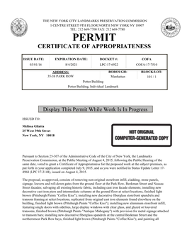 Permit Certificate of Appropriateness