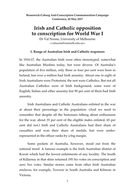 Irish and Catholic Opposition to Conscription for World War I
