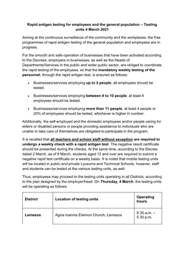 Rapid Antigen Testing for Employees and the General Population – Testing Units 4 March 2021