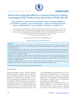 Dicrocoelium Egg Identified in an Ancient Cemetery in Kiasar Archeological Site, Northern Iran, Dated Back 247 BC–224 AD