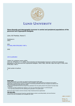 Gene Diversity and Demographic Turnover in Central and Peripheral Populations of the Perennial Herb Gypsophila Fastigiata Lönn