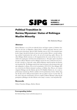 Political Transition in Burma/Myanmar: Status of Rohingya Muslim Minority