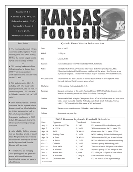 2002 Kansas Jayhawk Football Schedule Quick Facts/Media