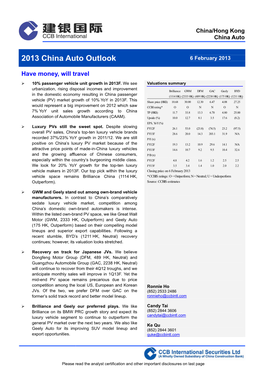 2013 China Auto Outlook 6 February 2013