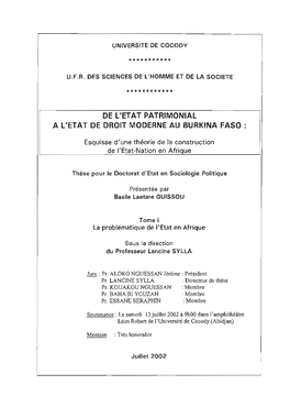 De L'etat Patrimonial À L'etat De Droit Moderne Au Burkina Faso