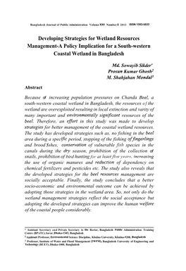 Developing Strategies for Wetland Resources Management-A Policy Implication for a South-Western Coastal Wetland in Bangladesh