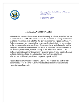 September 2017 MEDICAL and DENTAL LIST the Consular