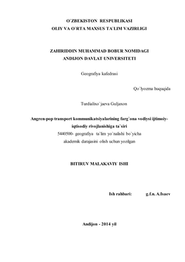 O`Zbekiston Respublikasi Oliy Va O`Rta Maxsus Ta`Lim Vazirligi