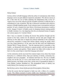 Literary Culture: Sindhi. Mohan Gehani Literary Culture in Sindhi