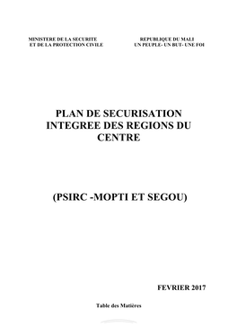 Plan De Securisation Integree Des Regions Du Centre (Psirc -Mopti Et Segou)