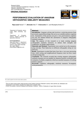 Performance Evaluation of Anagram Orthogrphic Similarity Measures Original Research