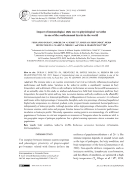 Impact of Immunological State on Eco-Physiological Variables in One of the Southernmost Lizards in the World