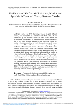 Healthcare and Warfare. Medical Space, Mission and Apartheid in Twentieth Century Northern Namibia