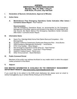 AGENDA EMERGENCY OPERATIONS BOARD Monday, May 18, 2009, 1:30 P.M. EOB Room, P4 Level, City Hall East