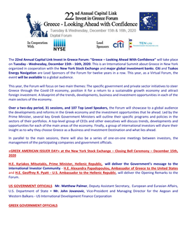 The 22Nd Annual Capital Link Invest in Greece Forum: "Greece – Looking Ahead with Confidence" Will Take Place on Tuesday - Wednesday, December 15Th - 16Th, 2020