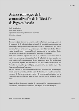 Análisis Estratégico De La Comercialización De La Televisión De Pago En España