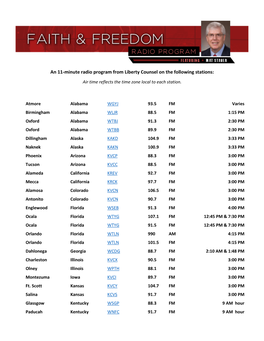 An 11-Minute Radio Program from Liberty Counsel on the Following Stations: Air Time Reflects the Time Zone Local to Each Station