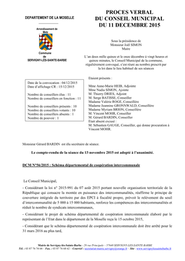 Proces Verbal Du Conseil Municipal Du 11 Decembre 2015