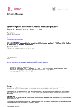 Dynamics of Genetic Rescue in Inbred Drosophila Melanogaster Populations Bijlsma, R.; Westerhof, M