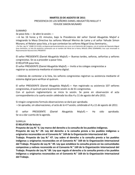Martes 23 De Agosto De 2011 Presidencia De Los Señores Daniel Abugattás Majluf Y Yehude Simon Munaro