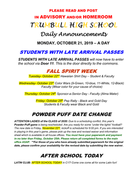 TRUMBULL HIGH SCHOOL Daily Announcements