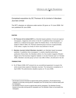 Completed Acquisition by DC Thomson & Co Limited of Aberdeen