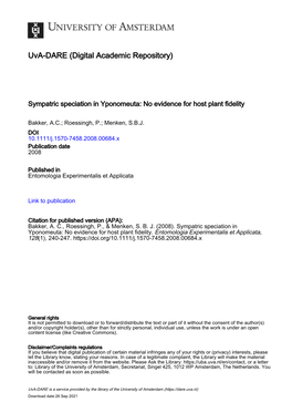 Sympatric Speciation in Yponomeuta: No Evidence for Host Plant Fidelity