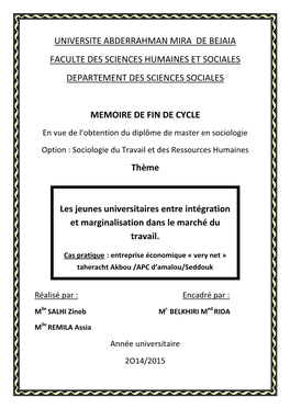 Universite Abderrahman Mira De Bejaia Faculte Des Sciences Humaines Et Sociales Departement Des Sciences Sociales