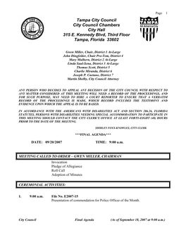 Tampa City Council City Council Chambers City Hall 315 E. Kennedy Blvd, Third Floor Tampa, Florida 33602