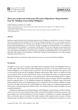 Zootaxa, Three New Earthworms of the Genus Pheretima (Oligochaeta