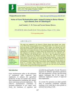 Status of Farm Mechanization Under Animal Farming in Bastar Plateau Agro-Climatic Zone of Chhattisgarh