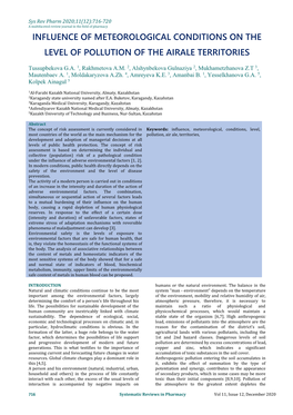 Influence of Meteorological Conditions on the Level of Pollution of the Airale Territories Adaptive Capabilities of the Human Body