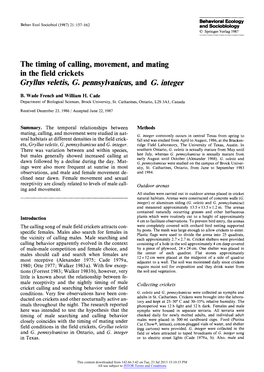 The Timing of Calling, Movement, and Mating in the Field Crickets Gryllus