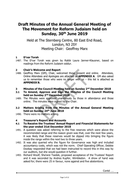 Draft Minutes of the Annual General Meeting of the Movement for Reform Judaism Held on Sunday, 30Th June 2019