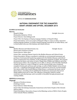 National Endowment for the Humanities Grant Awards and Offers, December 2014