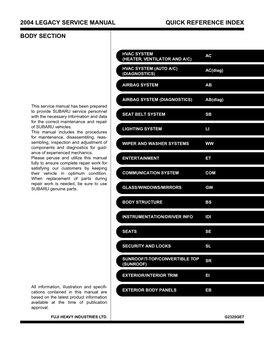 2004 Legacy Service Manual Quick Reference Index Body