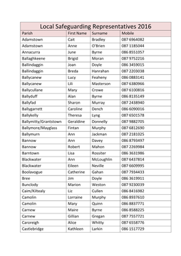 Local Safeguarding Representatives 2016