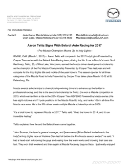 Aaron Telitz Signs with Belardi Auto Racing for 2017