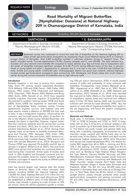 Road Mortality of Migrant Butterflies [Nymphalidae: Danaiane] at National Highway- 209 in Chamarajanagar District of Karnataka, India