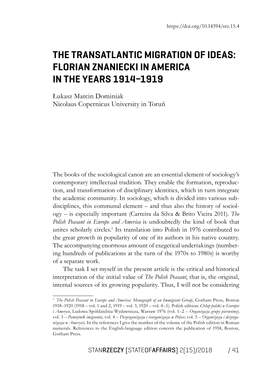 The Transatlantic Migration of Ideas: Florian Znaniecki in America in the Years 1914–1919