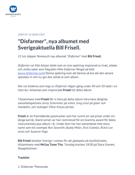 "Disfarmer", Nya Albumet Med Sverigeaktuella Bill Frisell