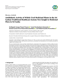 Antidiabetic Activity of Widely Used Medicinal Plants in the Sri Lankan Traditional Healthcare System: New Insight to Medicinal Flora in Sri Lanka